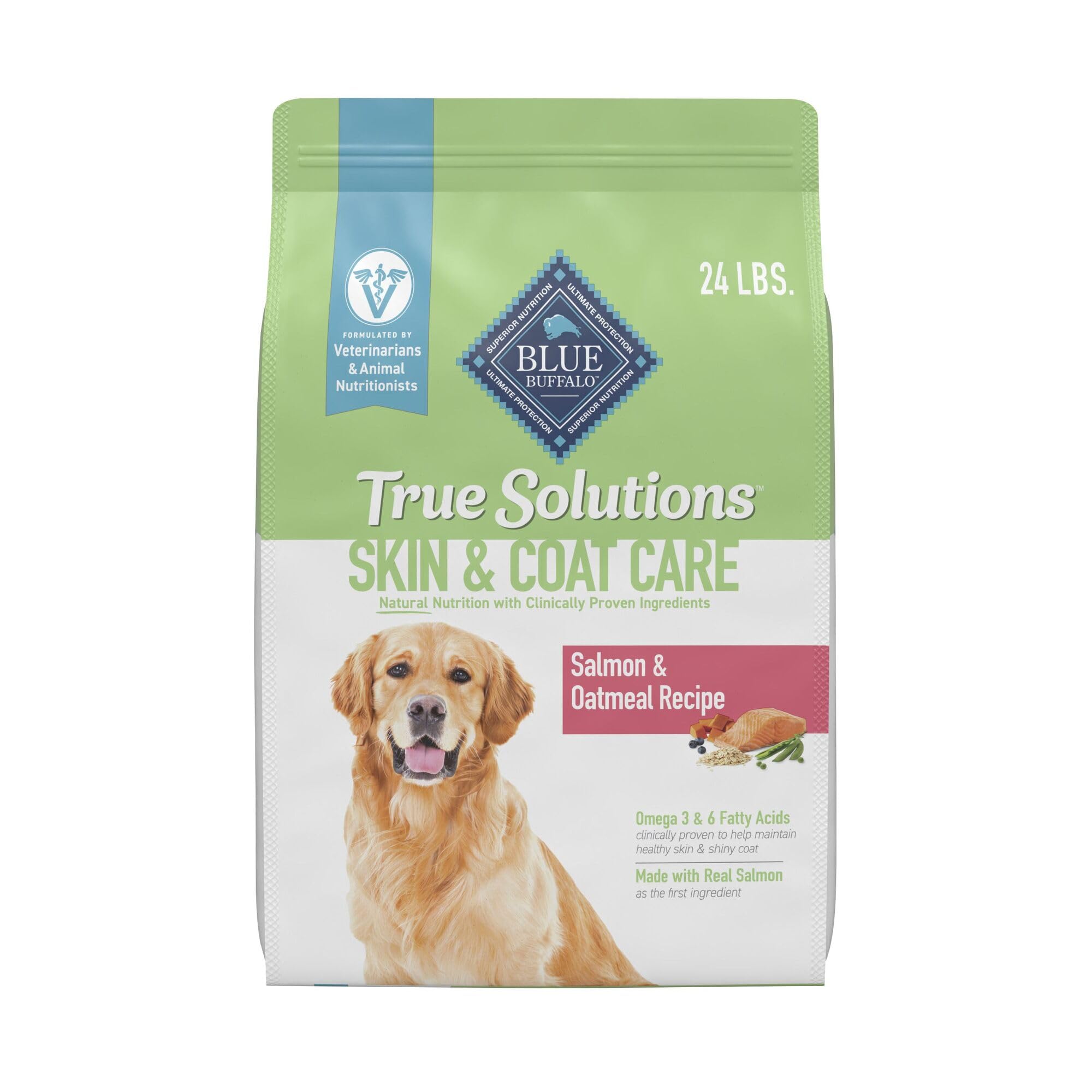 Blue Buffalo True Solutions real salmon ingredient supports a healthy coat.