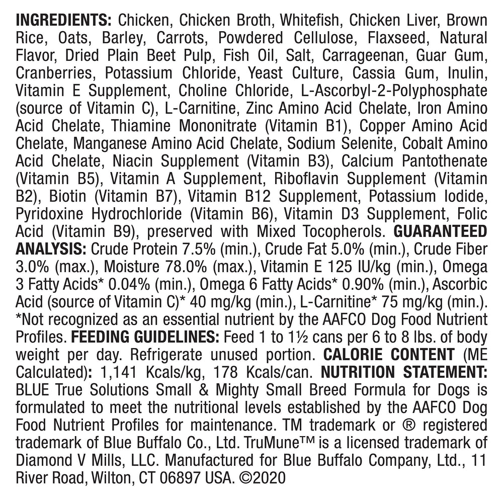 Blue Buffalo small-breed dog bowl with wet food, highlighting protein-rich meal.