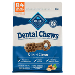 Blue Buffalo Small Dental Chews bag close-up highlighting chicken and spearmint flavor for fresh breath
