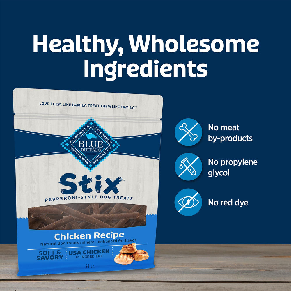 Blue Buffalo Stix pack-shot shows easy-to-portion treats for dogs during activities.