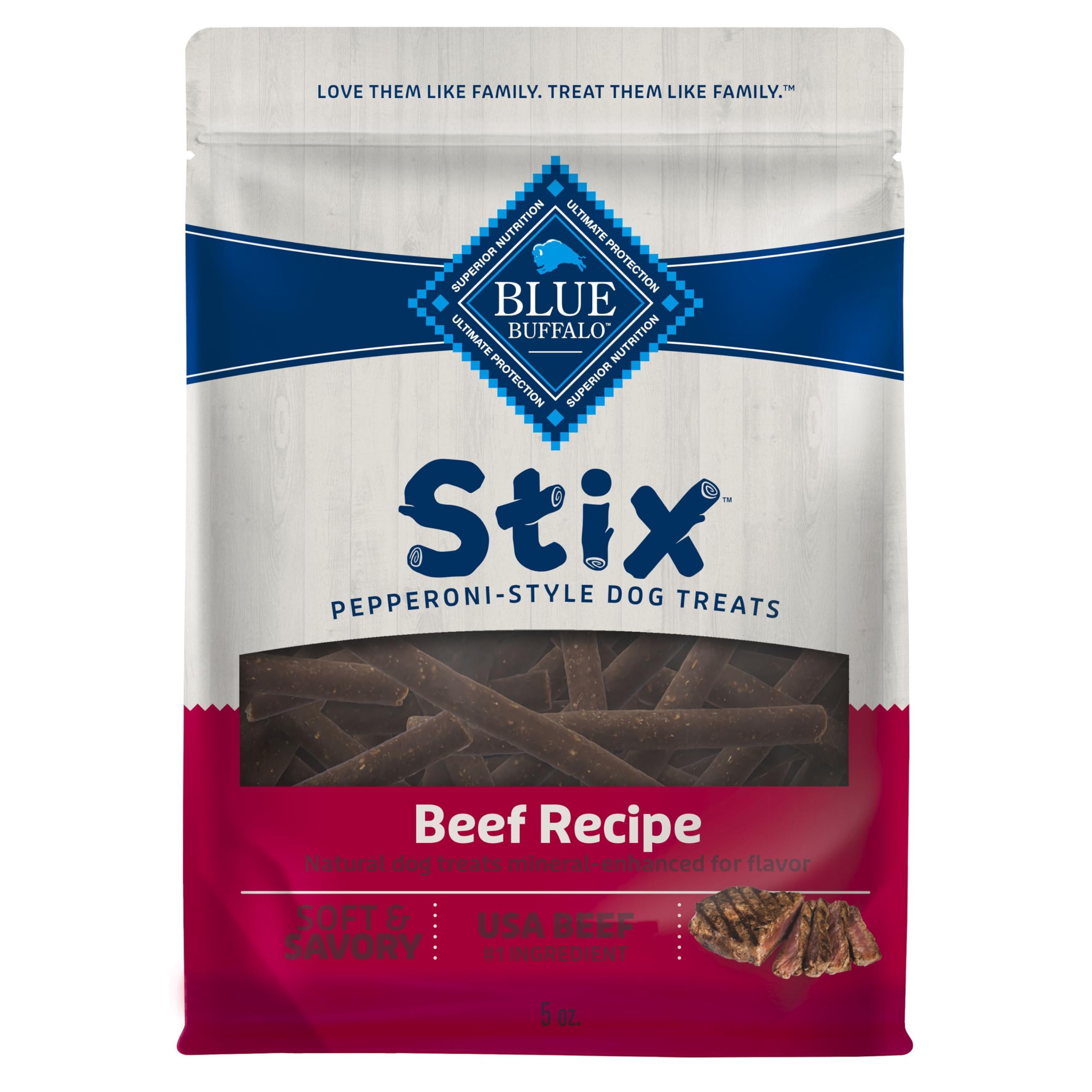 Blue Buffalo Stix beef recipe pack front, ideal for daily training rewards.