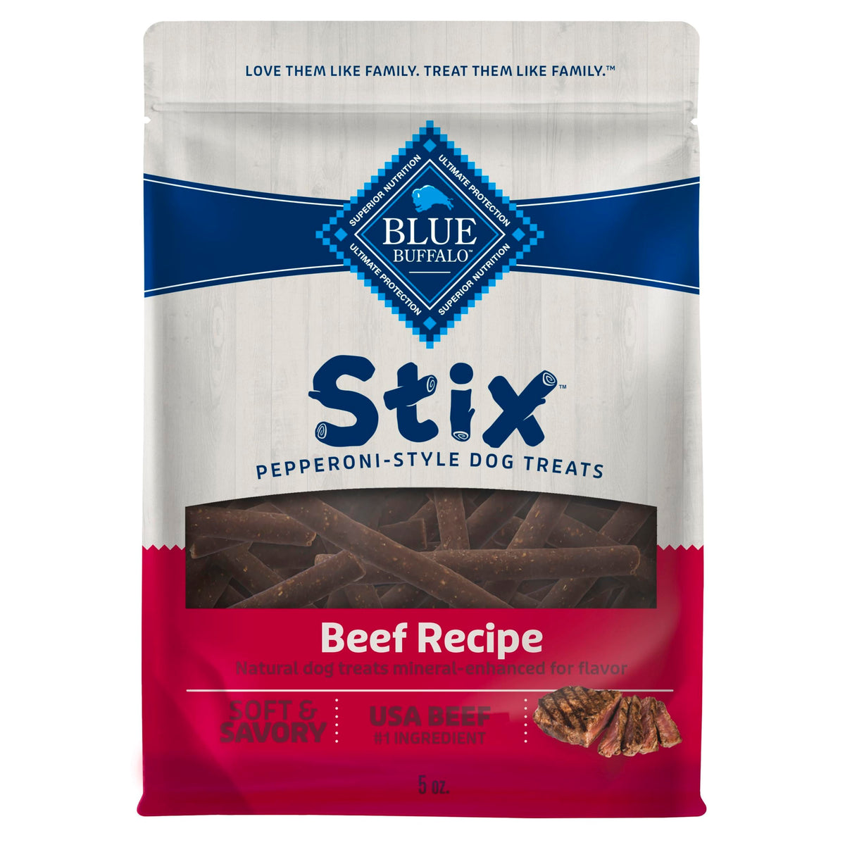 Blue Buffalo Stix beef recipe pack front, ideal for daily training rewards.