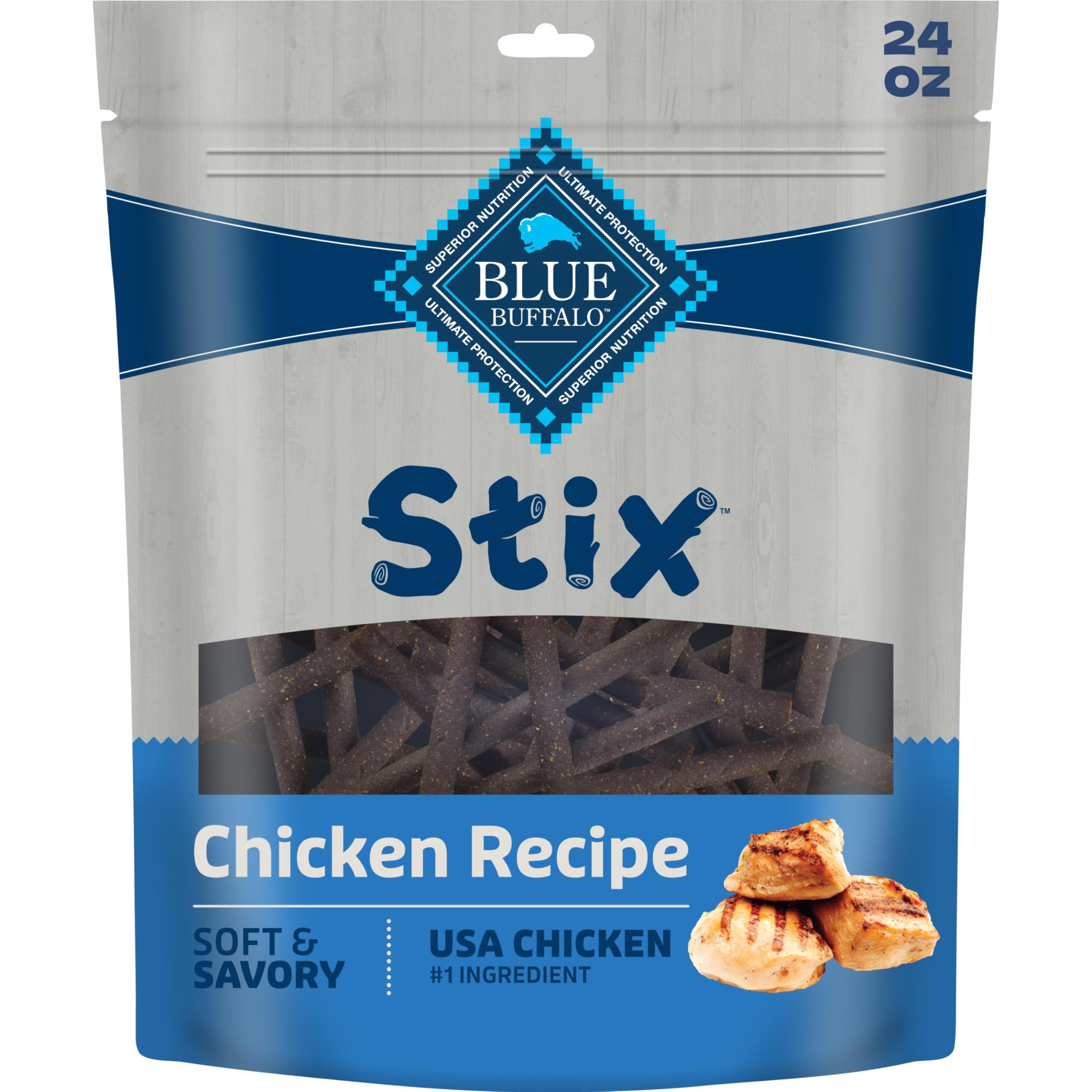 Blue Buffalo Stix pepperoni-style dog treats pack shot showing real chicken first ingredient.