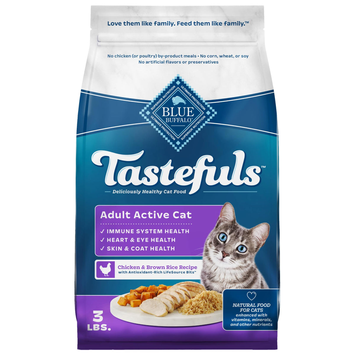 Blue Buffalo Tastefuls active dry cat food bag showing 3lb size for convenient feeding