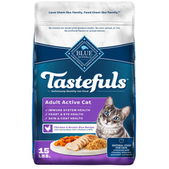 Blue Buffalo Tastefuls active dry cat food bag supports daily energy for cats.
