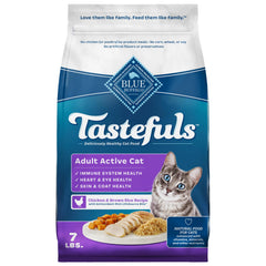 Blue Buffalo Tastefuls packaging highlights natural ingredients for active adult cats.