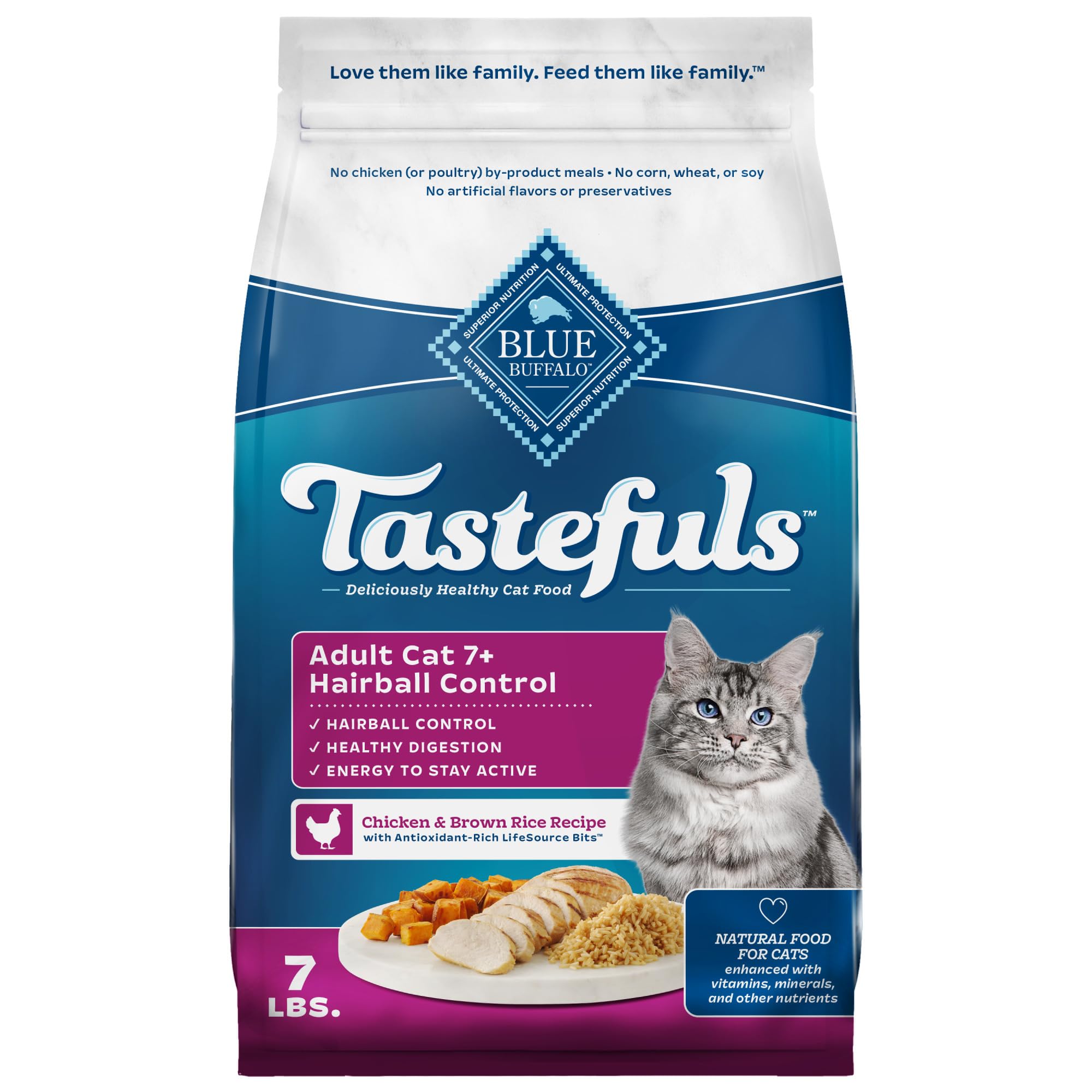 Blue Buffalo Tastefuls 7+ bag front view for daily feeding and portion control.