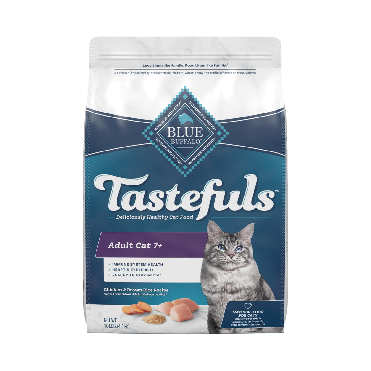 Blue Buffalo Tastefuls 7+ kibble closeup with real chicken supports aging cats' diet