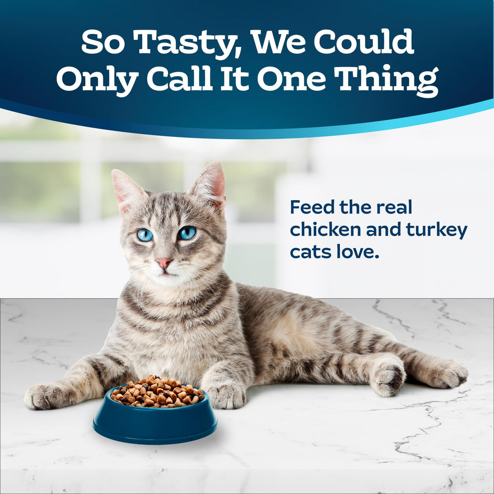 Blue Buffalo Tastefuls kibble closeup shows bite-sized pieces for adult cats.