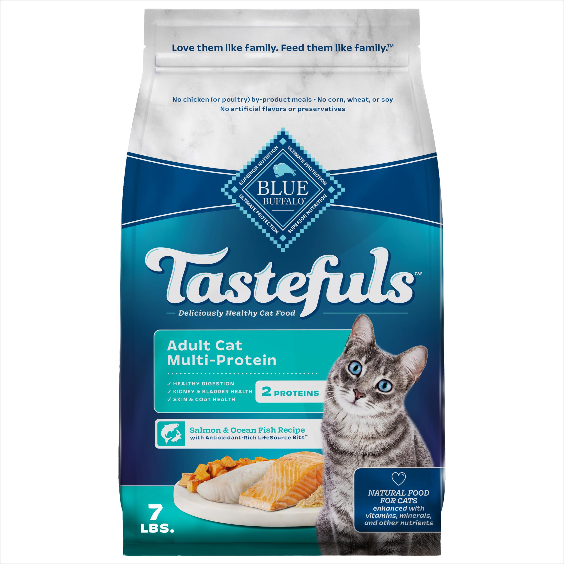 Blue Buffalo Tastefuls bag front shows real salmon and ocean fish for adult cats