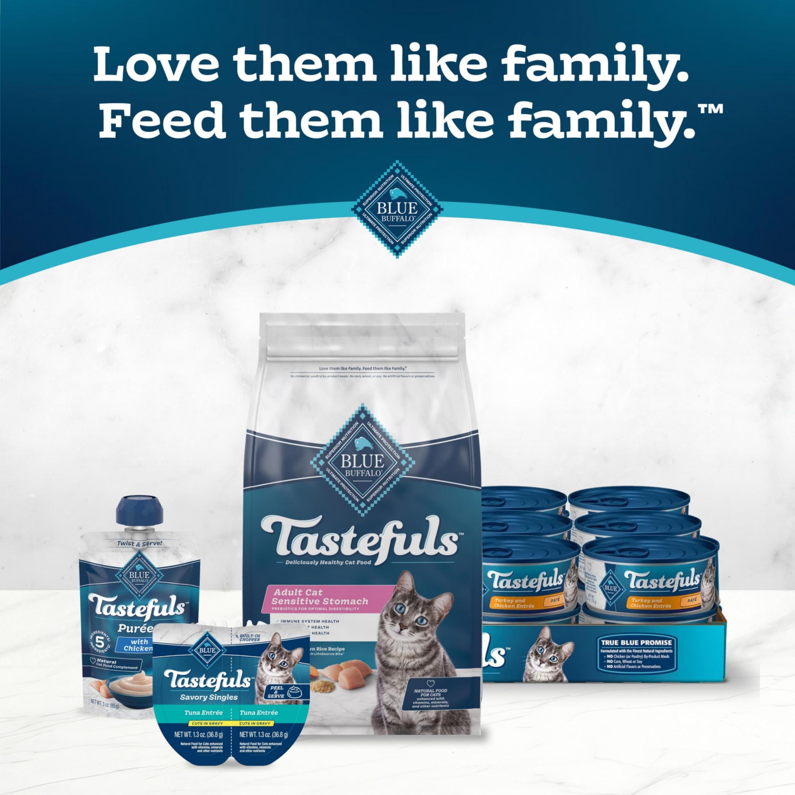 Blue Buffalo Tastefuls packaging close-up highlights ingredient clarity and care.