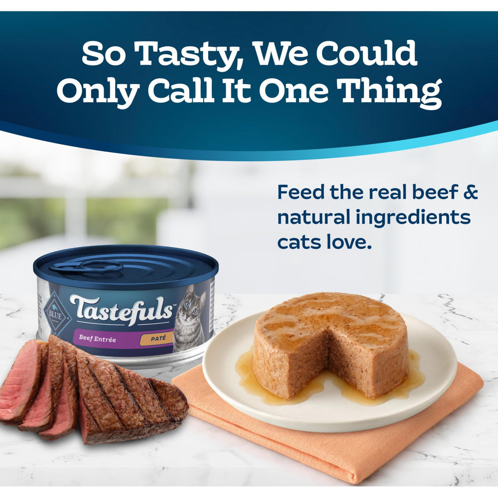 Blue Buffalo Tastefuls Beef Pate serving-bowl invites cats to enjoy a flavorful meal.