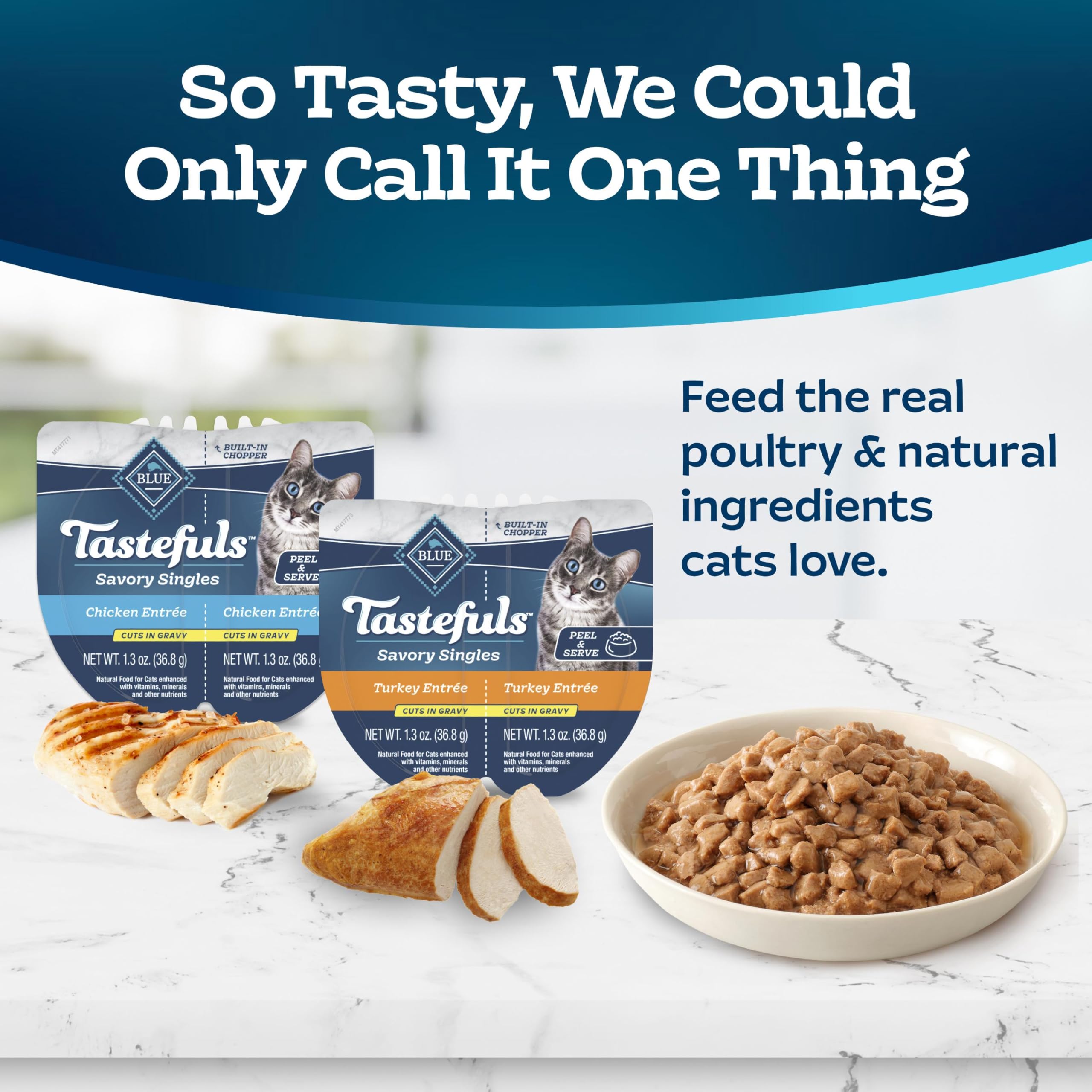 Blue Buffalo Tastefuls built-in chopper in the tray enables quick, utensil-free serving.