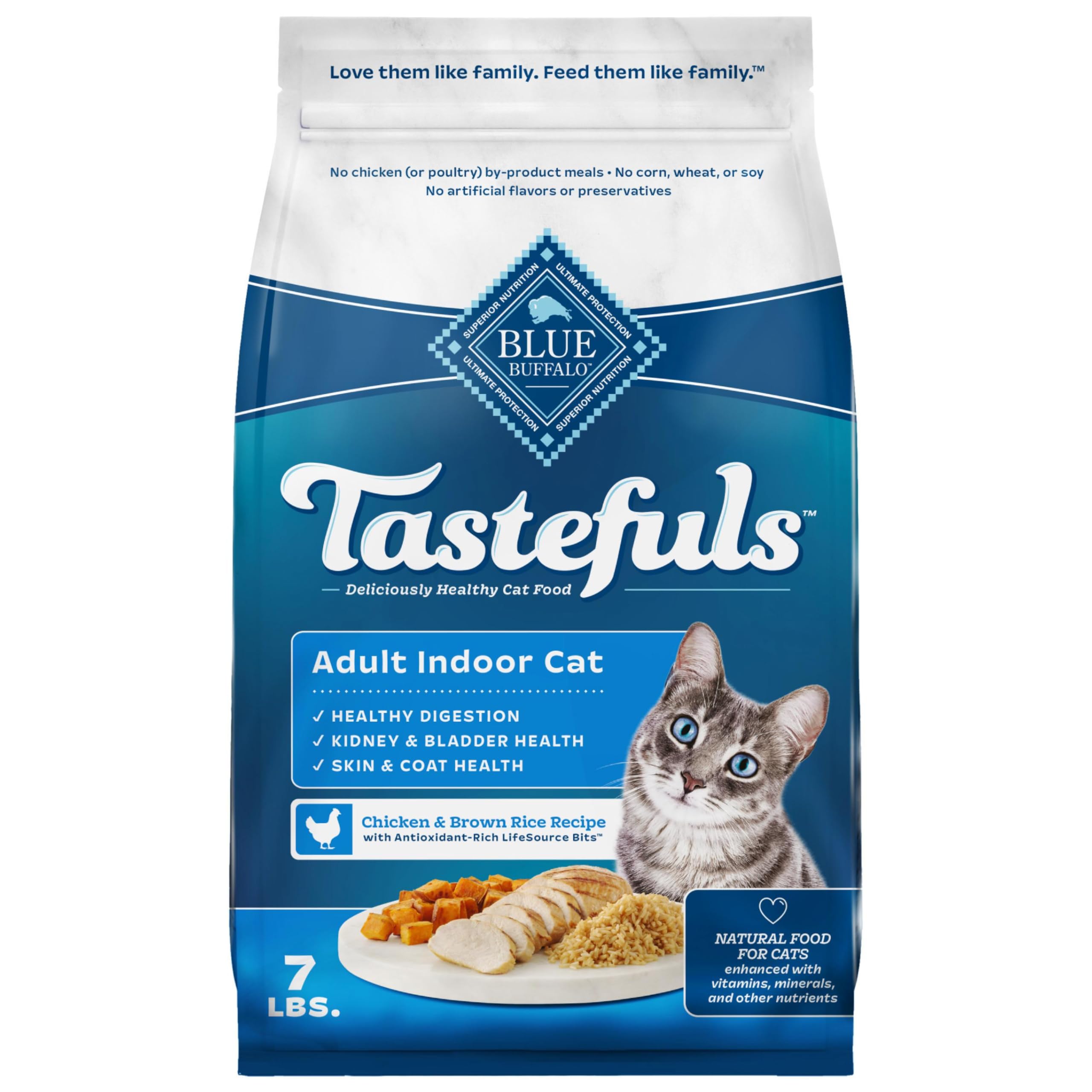 Blue Buffalo Tastefuls chicken-brown-rice kibble in bowl, supporting digestion and coat health.