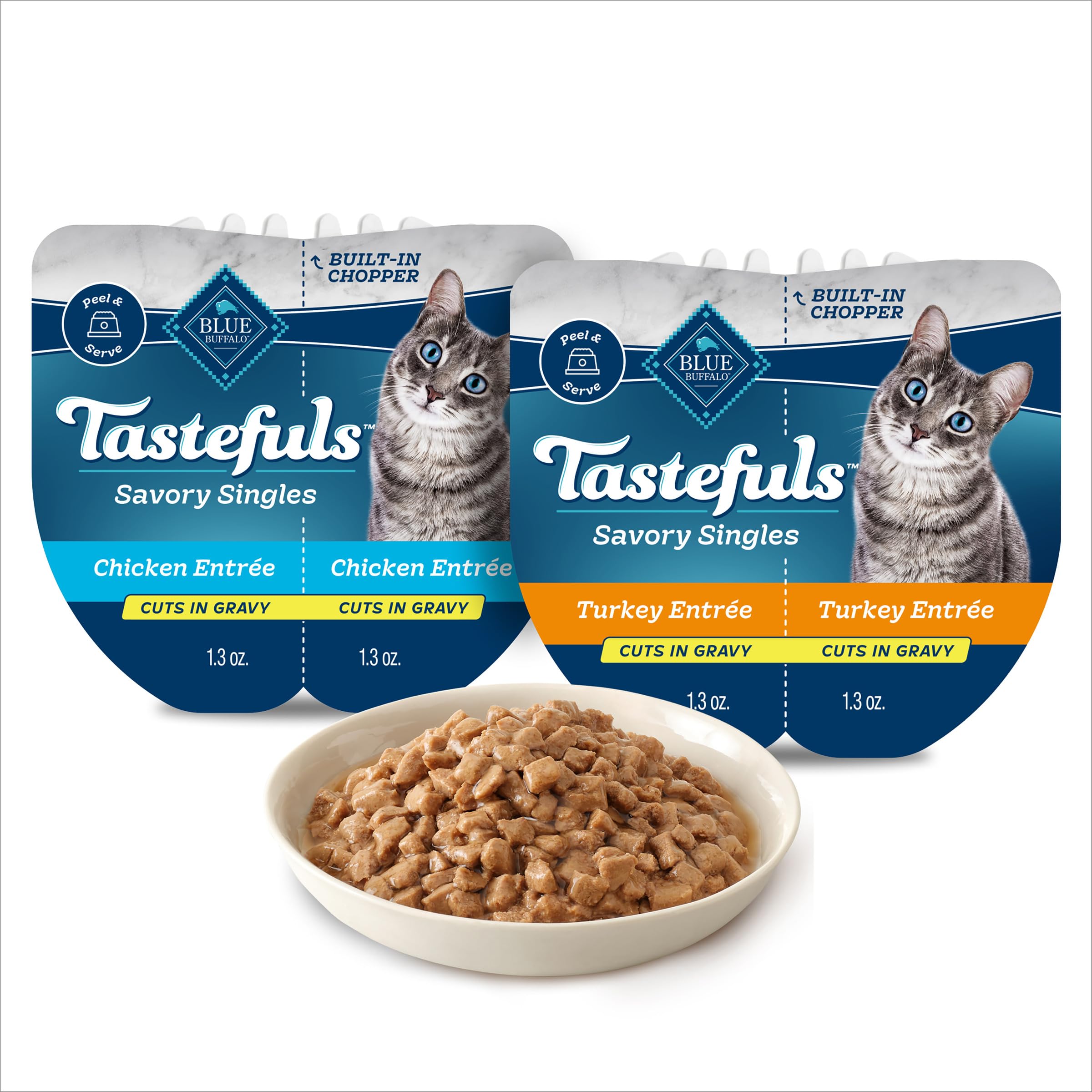 Blue Buffalo Tastefuls chicken cuts in gravy tray shows real poultry first for flavor.