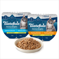 Blue Buffalo Tastefuls chicken cuts in gravy tray shows real poultry first for flavor.
