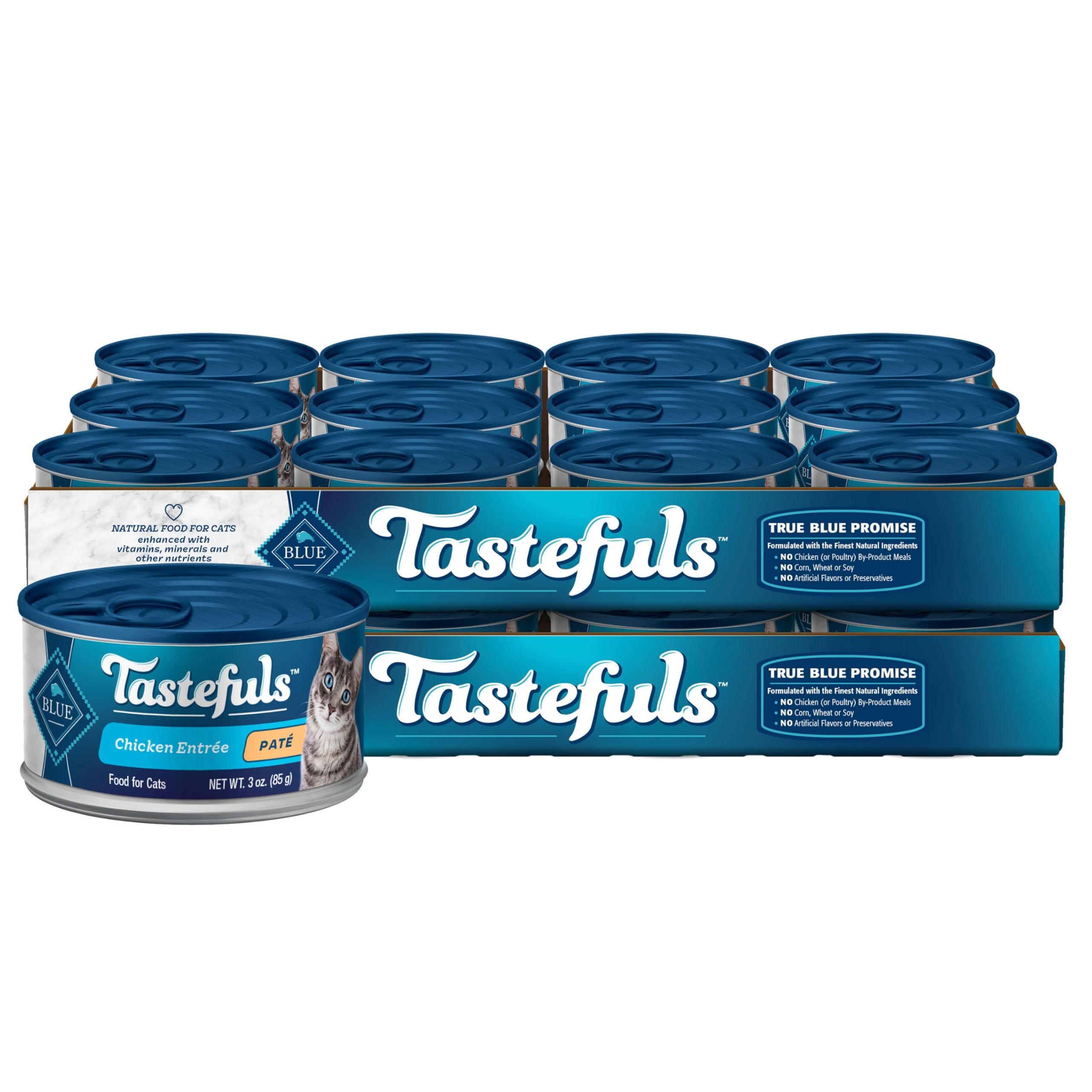 Blue Buffalo Tastefuls chicken entree packaging highlights natural ingredients for cats.