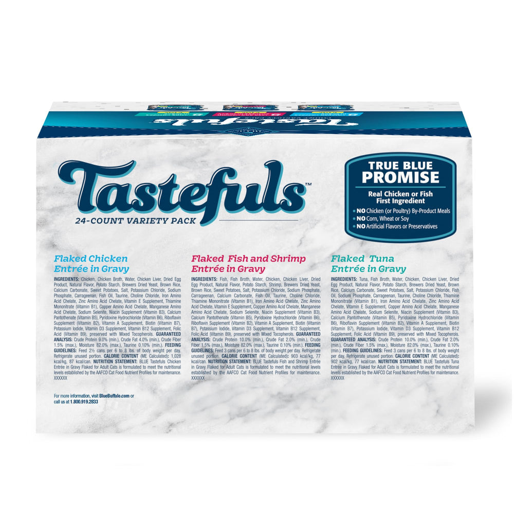 Blue Buffalo Tastefuls chicken-flaked-entrees offer protein-rich texture cats enjoy.