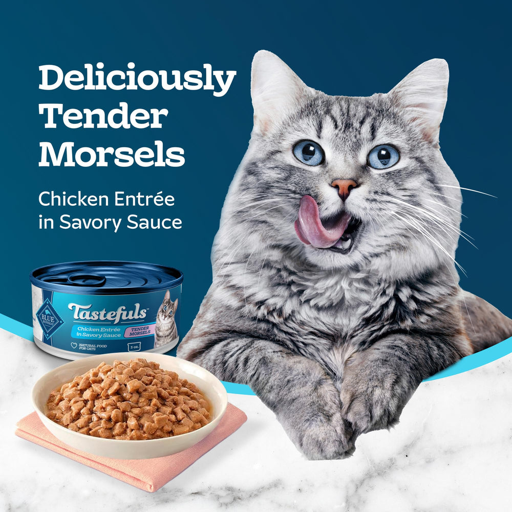 Blue Buffalo Tastefuls chicken morsels with brown rice and sweet potatoes in gravy.