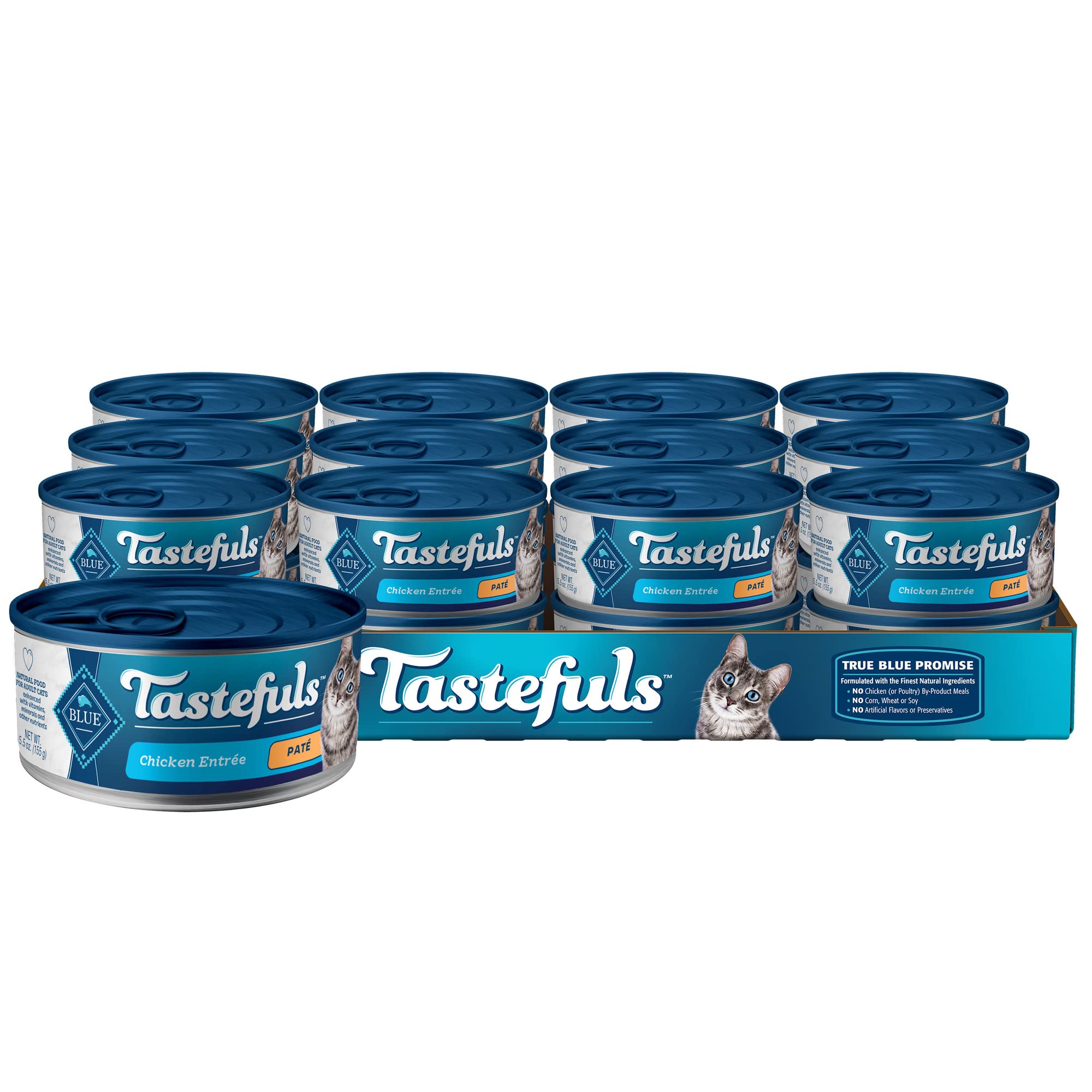 Blue Buffalo Tastefuls chicken pate cans in a 24-pack for convenient feeding.