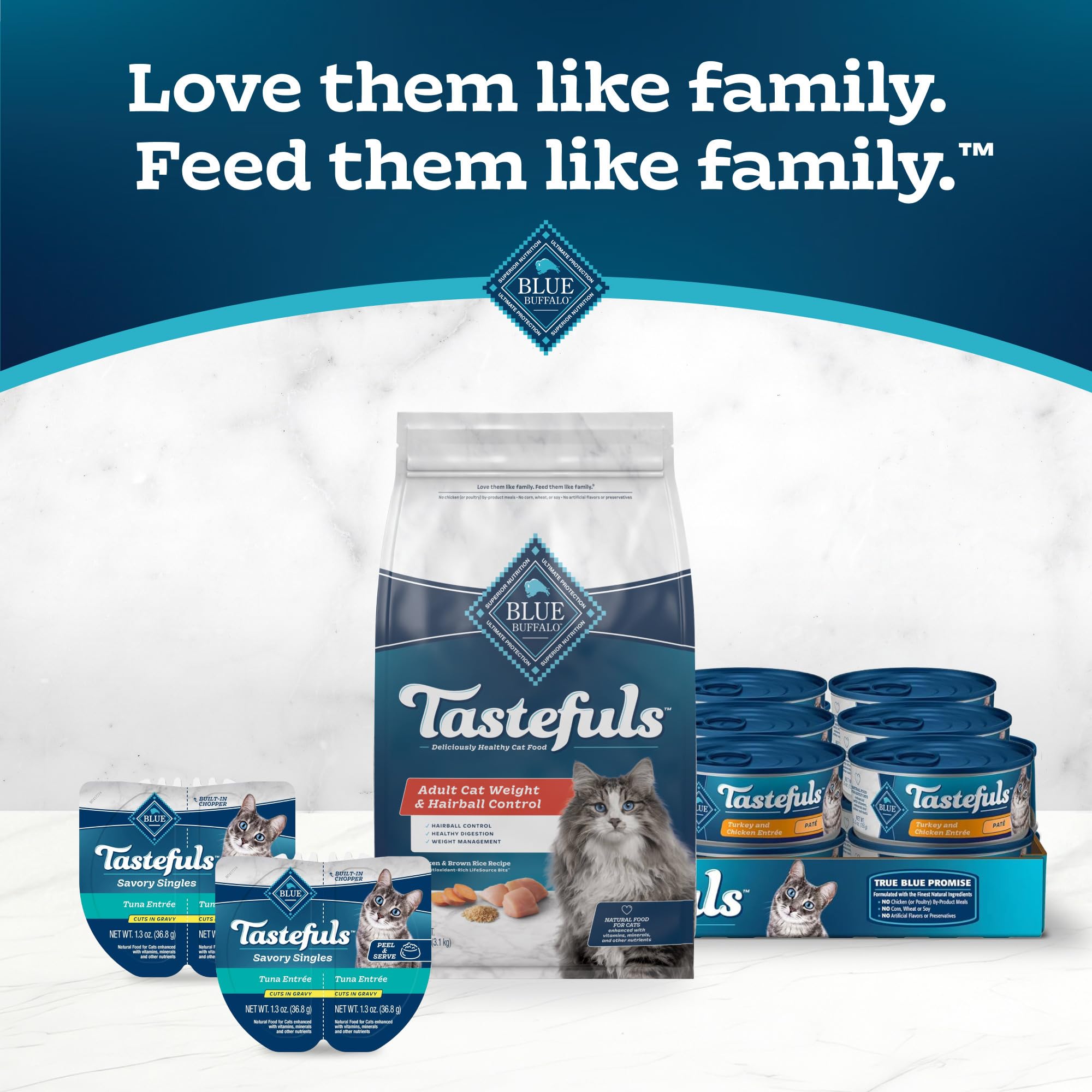 Blue Buffalo Tastefuls chicken-recipe 7lb bag closeup shows real meat serving