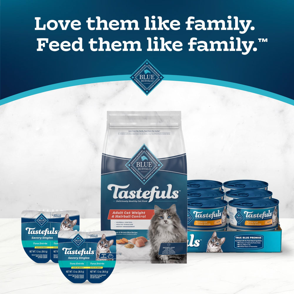Blue Buffalo Tastefuls chicken-recipe 7lb bag closeup shows real meat serving