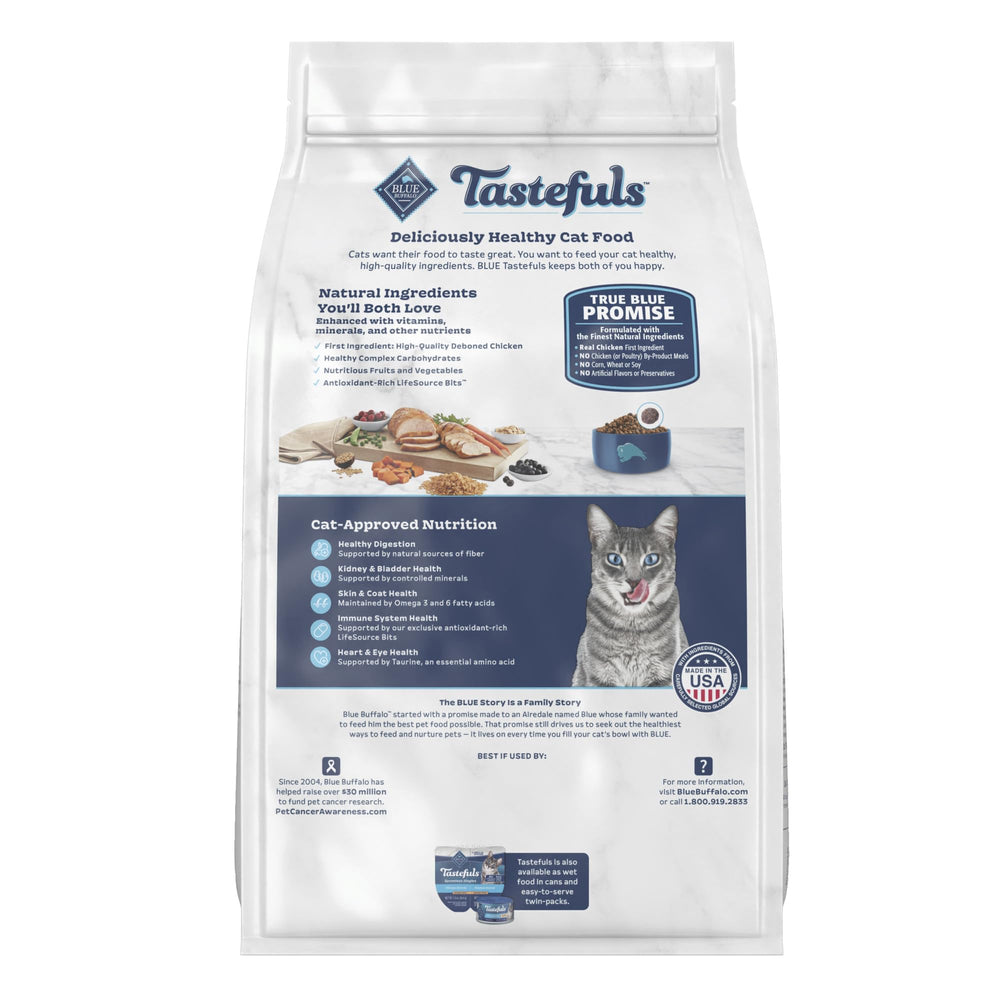 Blue Buffalo Tastefuls chicken-turkey kibble close-up highlights natural ingredients.