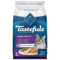 Blue Buffalo Tastefuls dry cat food with real chicken first for adult cats.