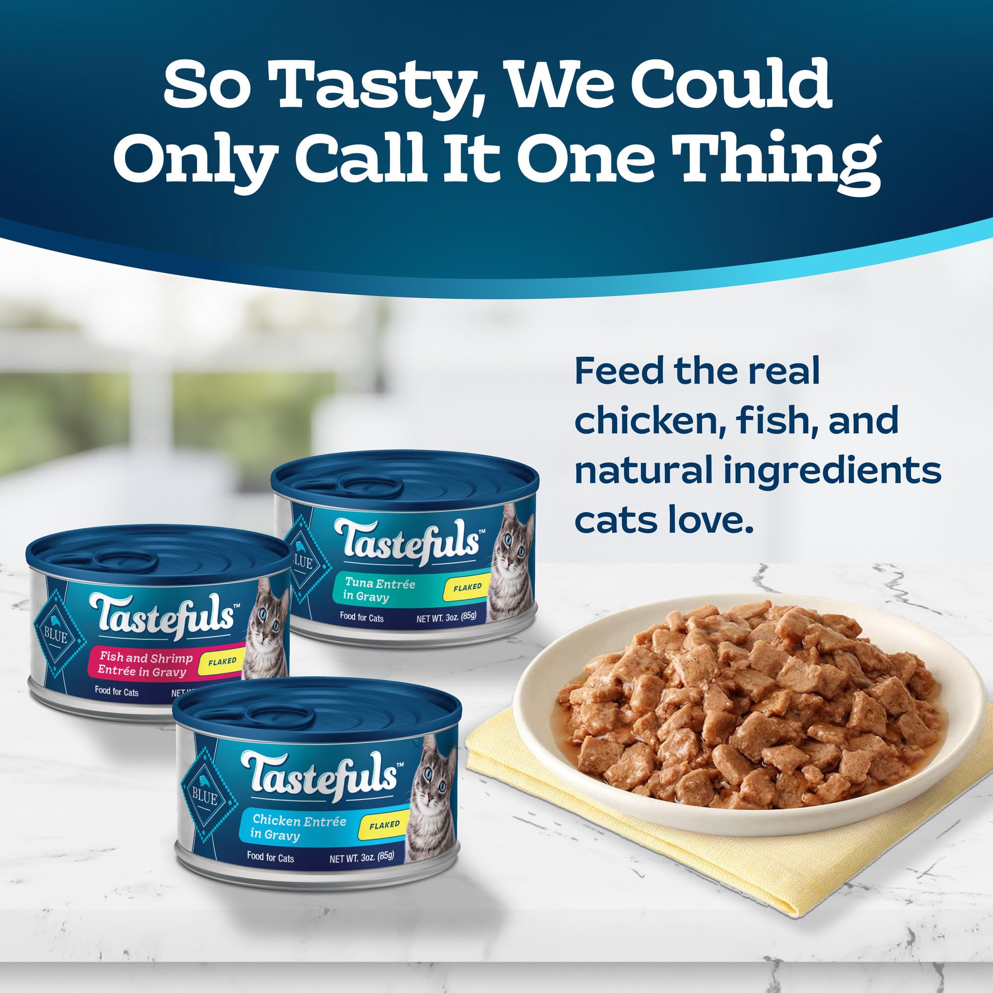 Blue Buffalo Tastefuls fish-shrimp-in-gravy provides savory variety and hydration.