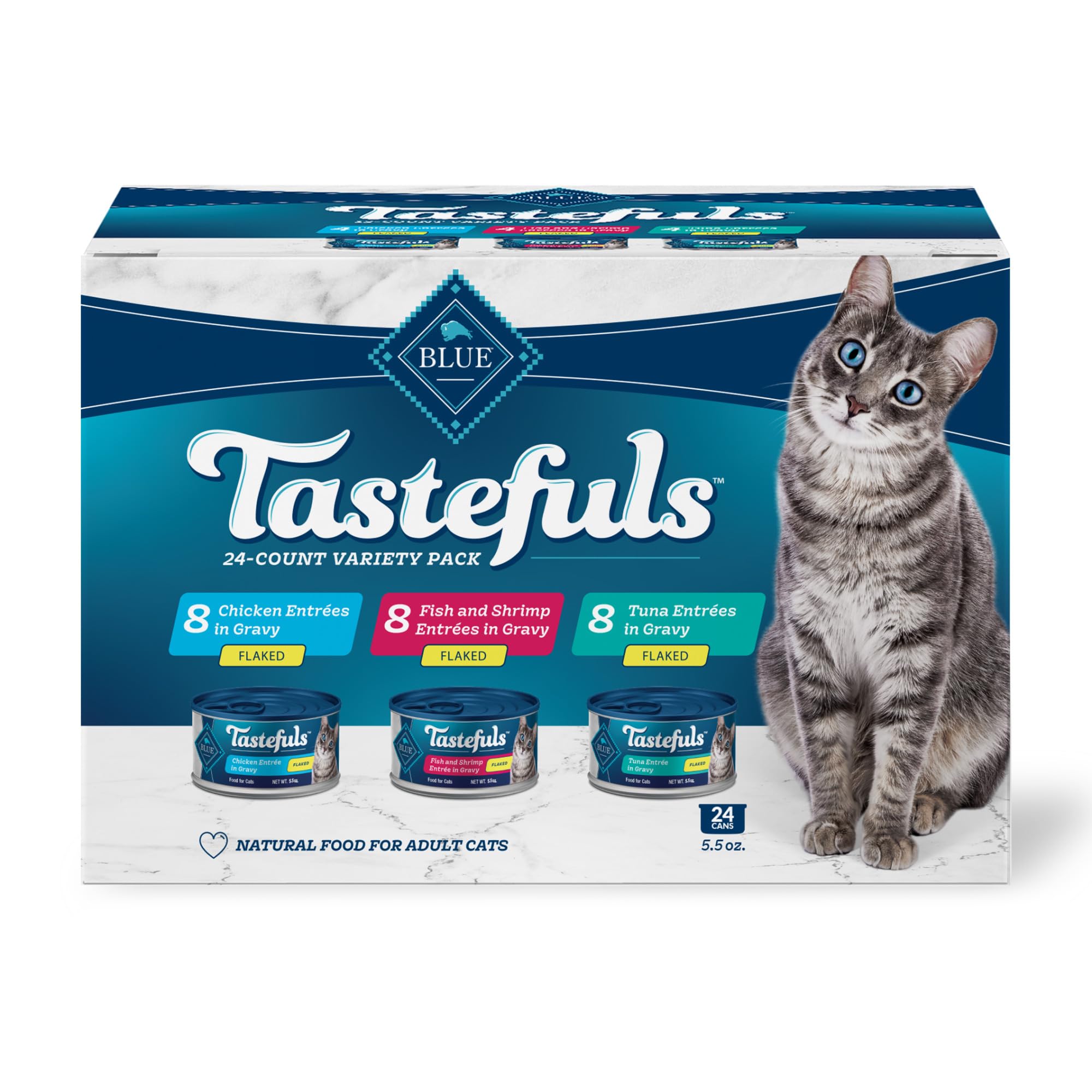 Blue Buffalo Tastefuls tuna in gravy can close-up showing real meat first for cats