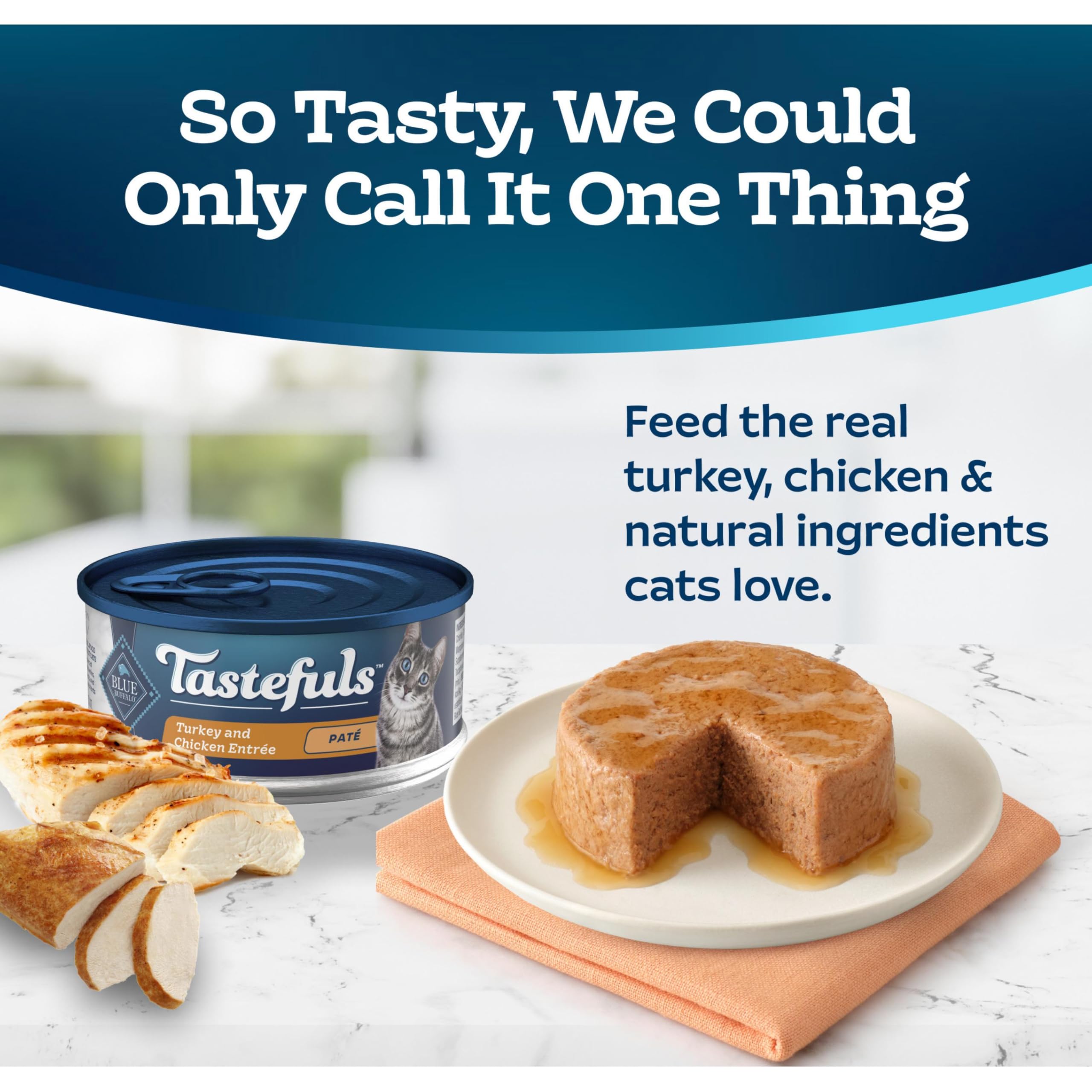 Blue Buffalo Tastefuls flavor-nutrition visual emphasizes natural ingredients with vitamins.