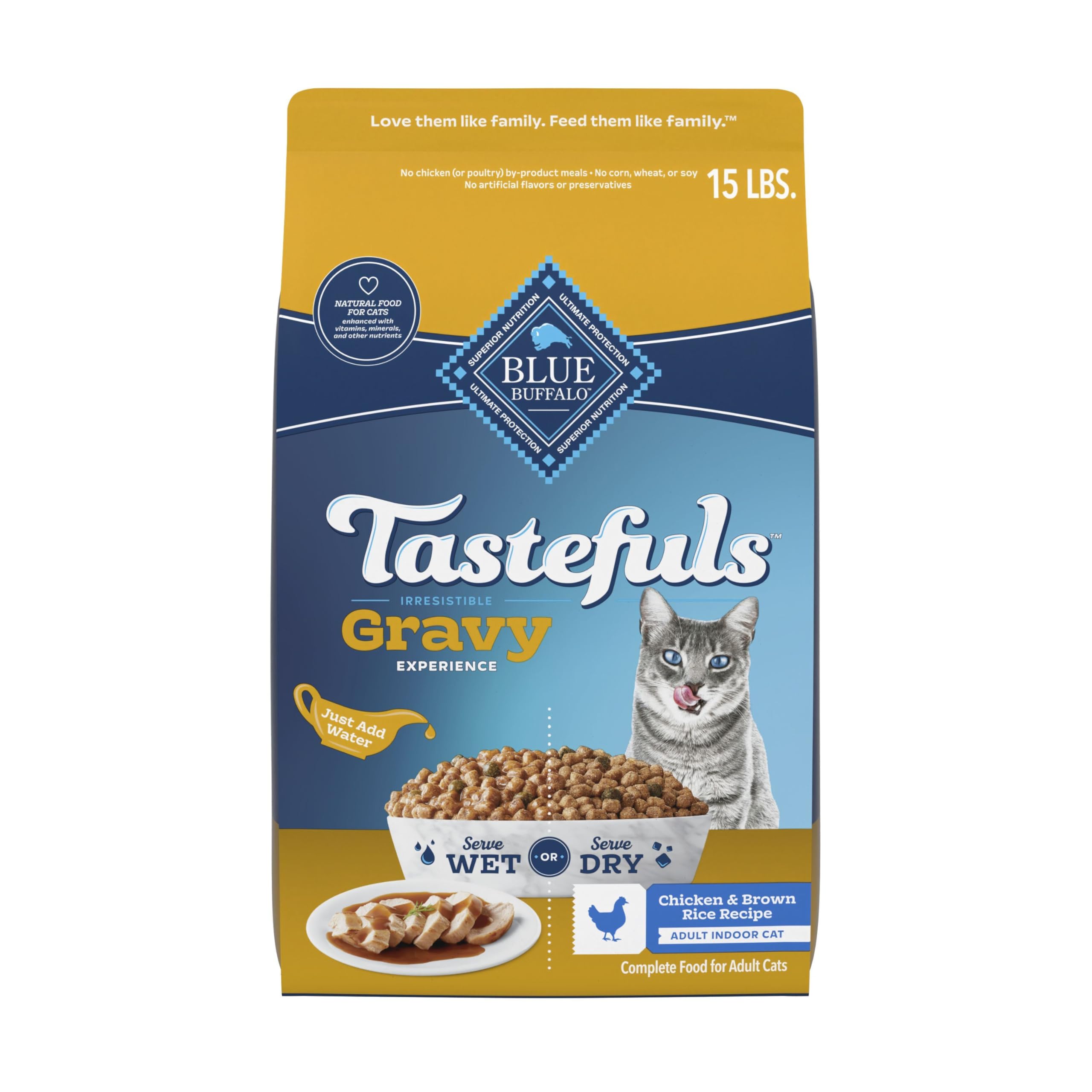 Blue Buffalo Tastefuls gravy experience bag front with real chicken formula for indoor cats
