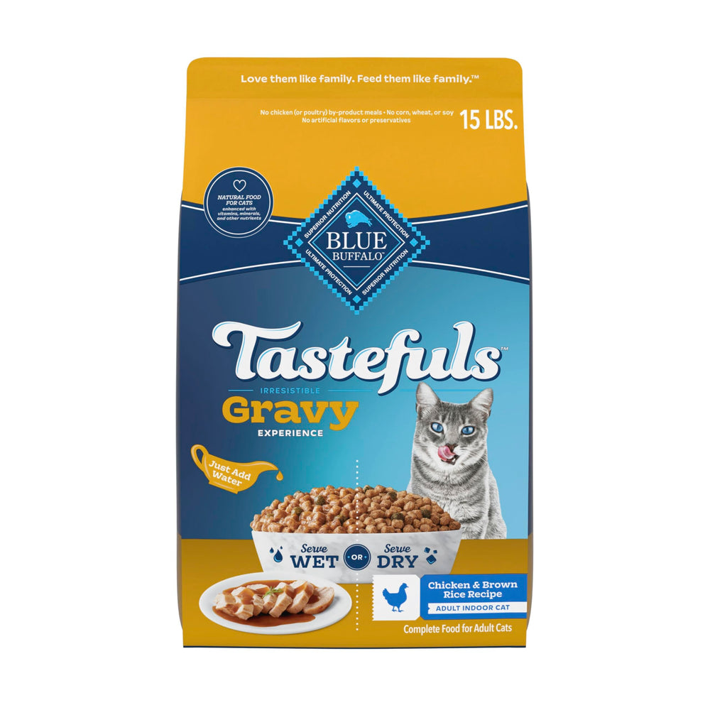 Blue Buffalo Tastefuls gravy experience bag front with real chicken formula for indoor cats