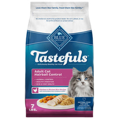 Blue Buffalo Tastefuls hairball control 7-lb bag showing kibble for digestion