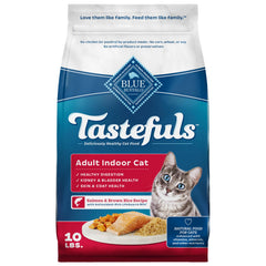 Blue Buffalo Tastefuls Indoor cat food bag shows real salmon first ingredient for flavor