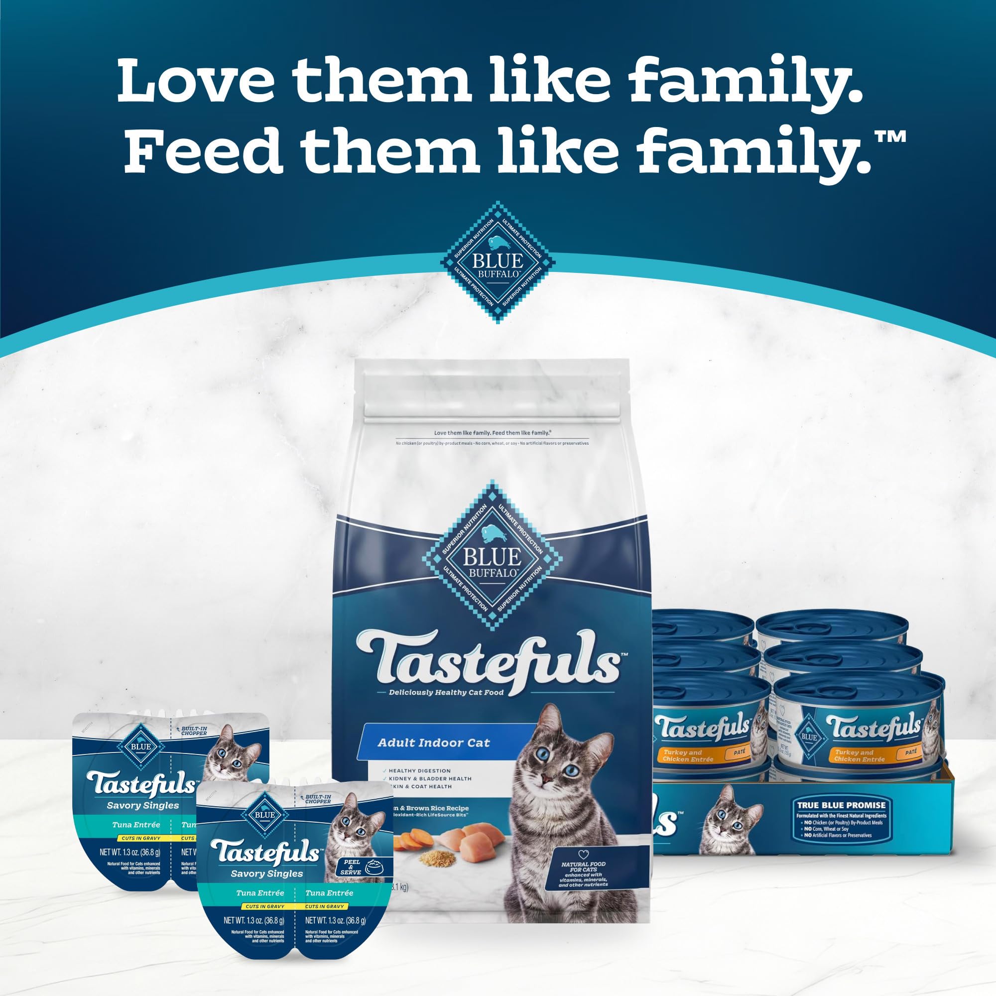 Blue Buffalo Tastefuls indoor cat feeding scene shows convenient serving.