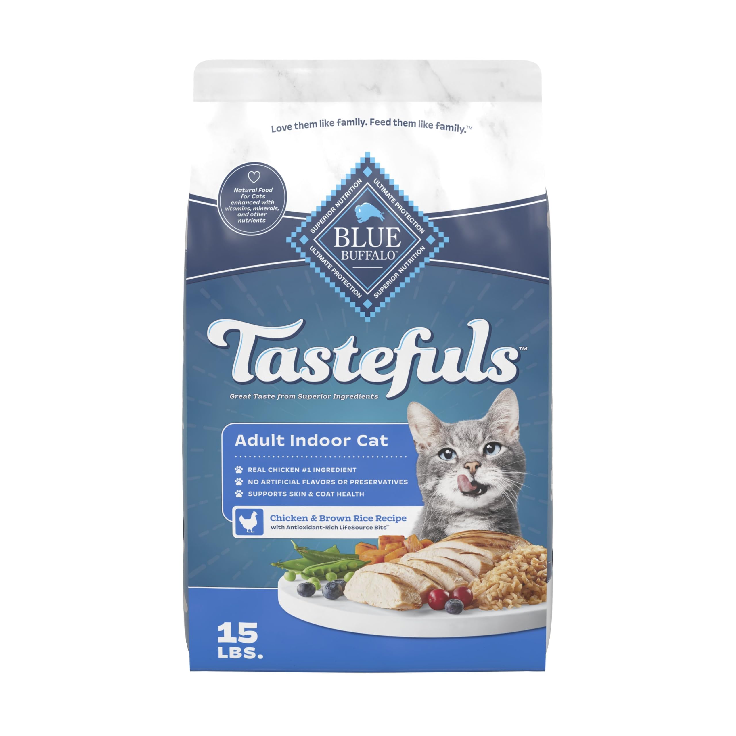 Blue Buffalo Tastefuls indoor cat bag showing ingredients for indoor cats
