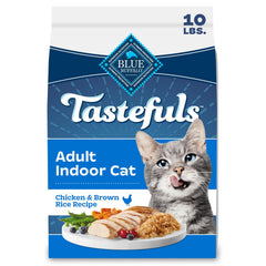Blue Buffalo Tastefuls Indoor Cat front bag shows real chicken, supports digestion for indoor cats.