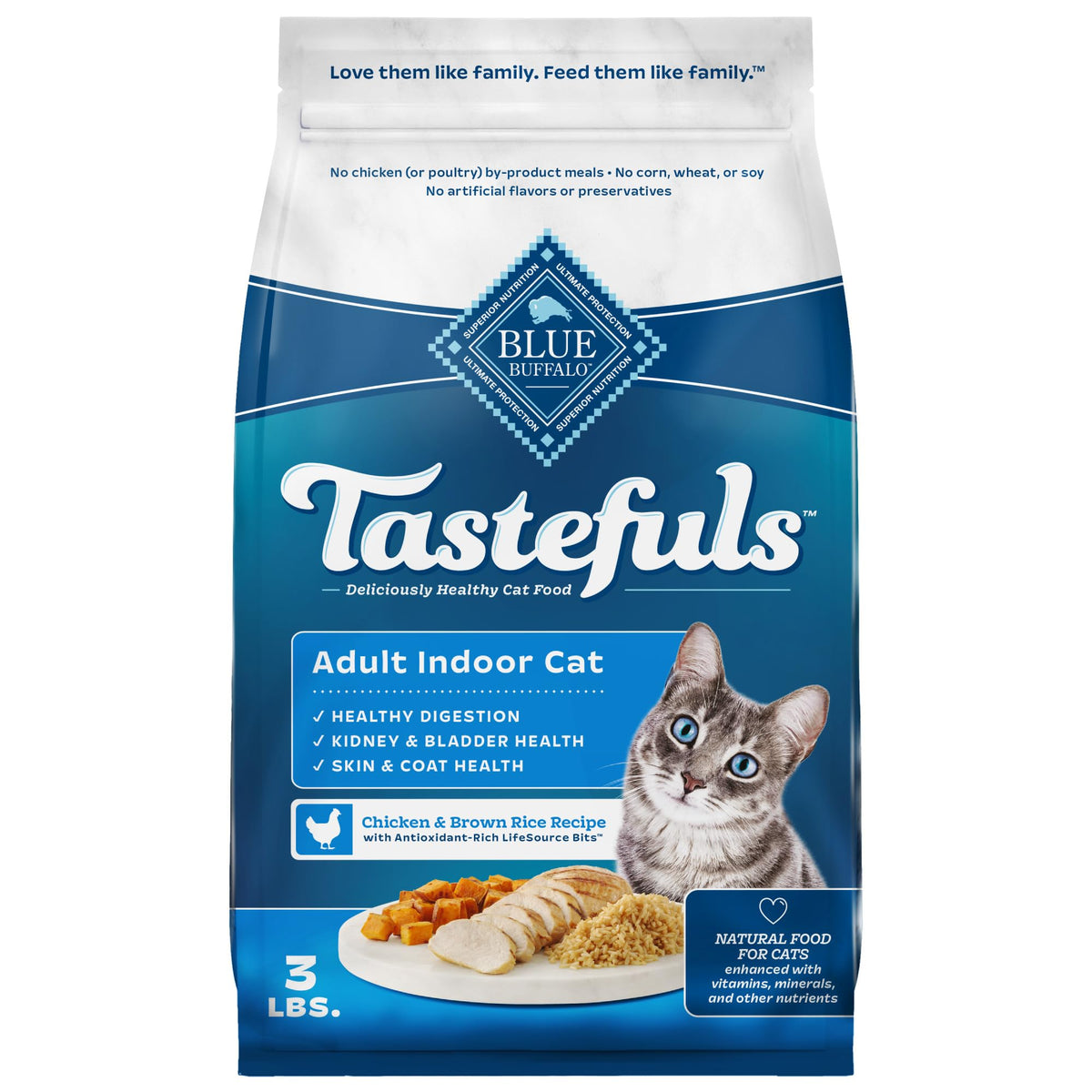Blue Buffalo Tastefuls Indoor Dry Cat Food shows real chicken first ingredient for palatability.
