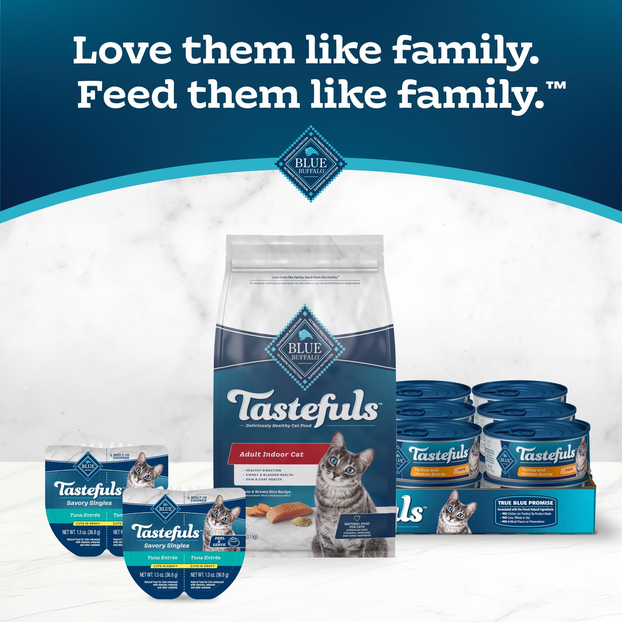 Blue Buffalo Tastefuls ingredient visuals show salmon and wholesome grains.