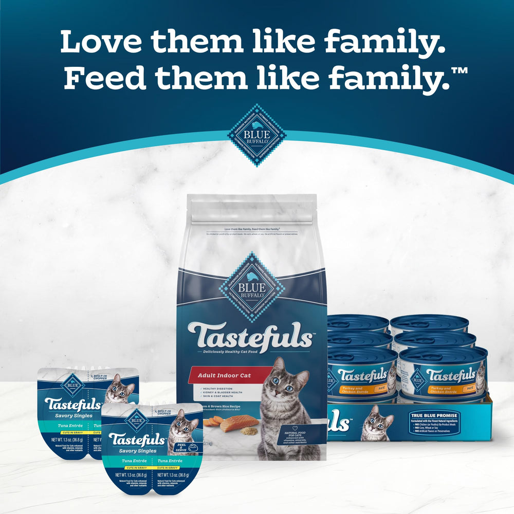 Blue Buffalo Tastefuls ingredient visuals show salmon and wholesome grains.