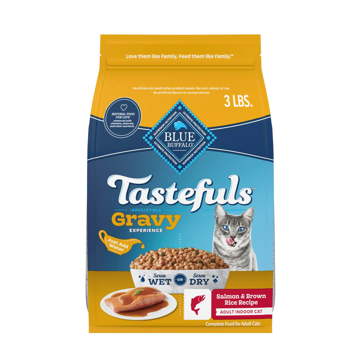 Blue Buffalo Tastefuls Irresistible Gravy Experience bag front appeals to cats' palates.