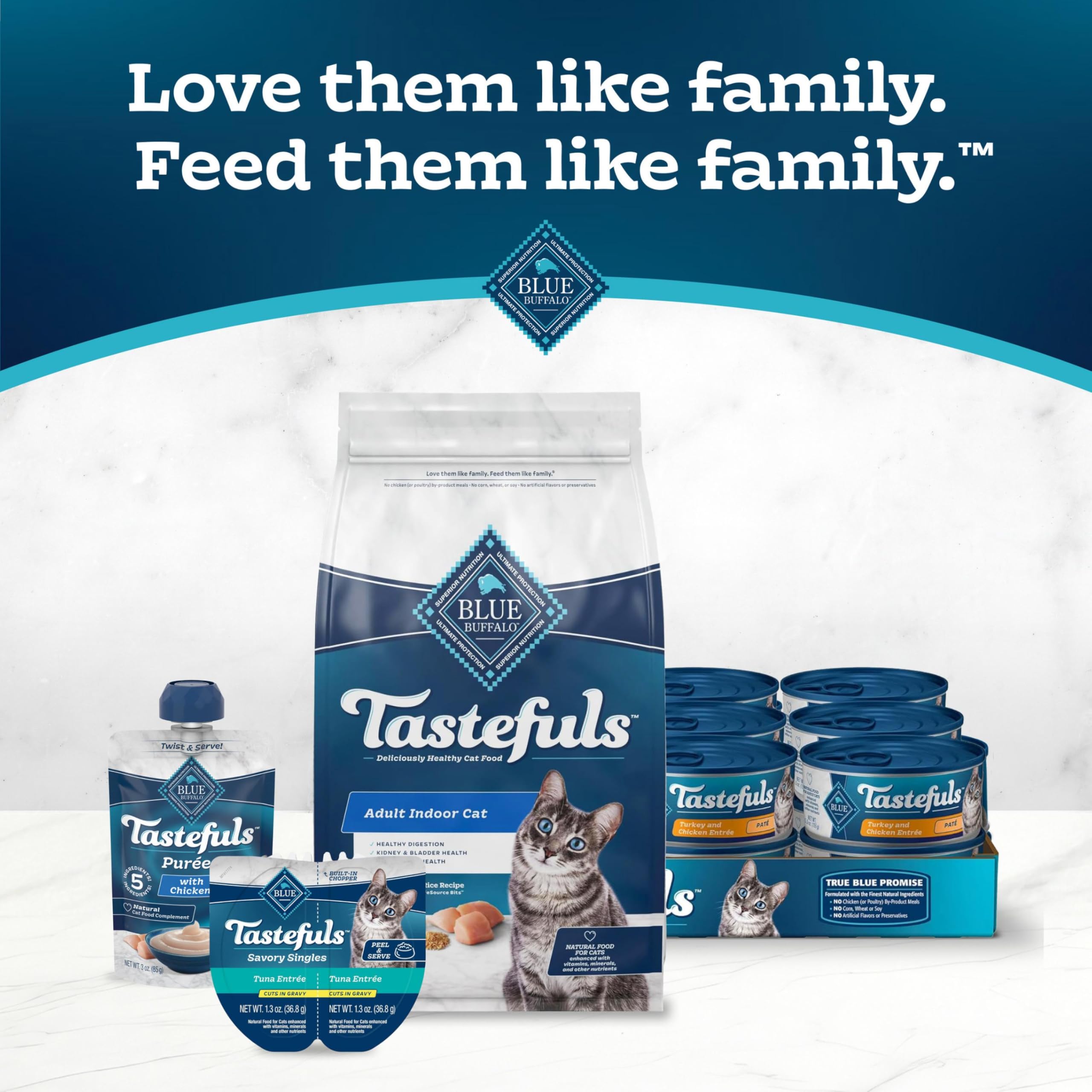 Blue Buffalo Tastefuls brown rice recipe serving suggestion beside dry cat food.