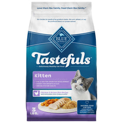 Blue Buffalo Tastefuls Kitten Dry Food label shows real chicken first ingredient for growth
