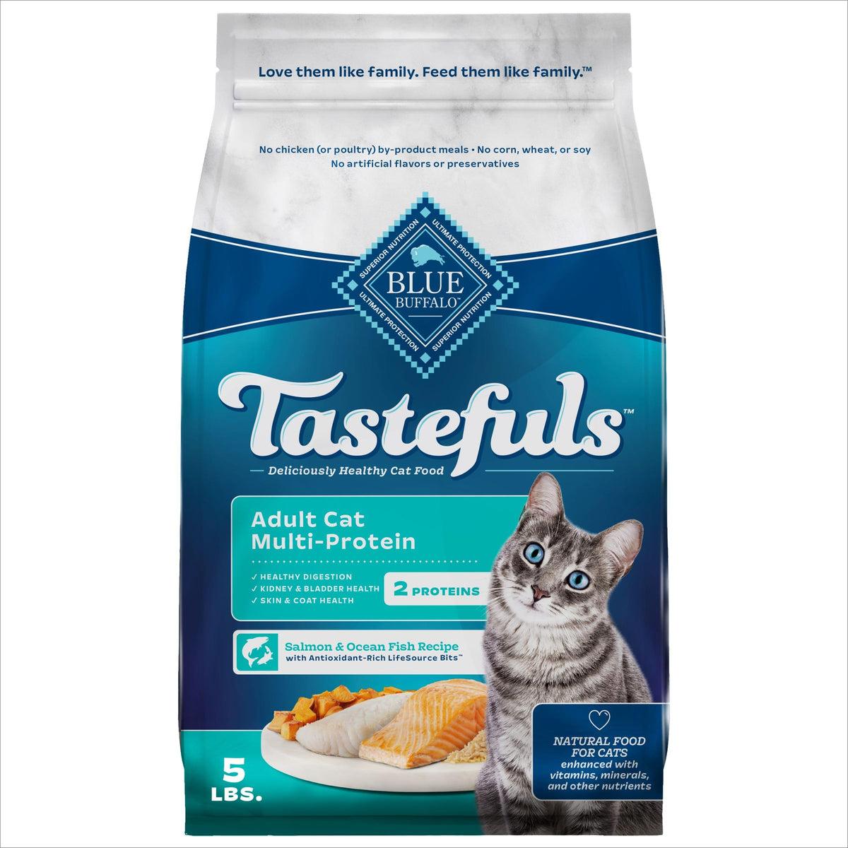 Blue Buffalo Tastefuls bag showcasing multi-protein salmon for flavorful meals.