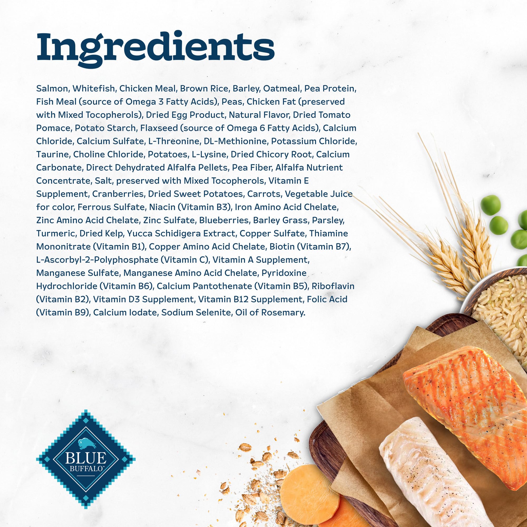 Blue Buffalo Tastefuls natural ingredients panel shows salmon and ocean fish for balanced nutrition