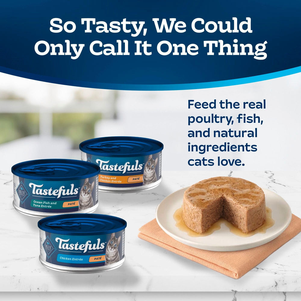 Blue Buffalo Tastefuls ocean fish and tuna pâté cans highlight seafood variety for seafood lovers.
