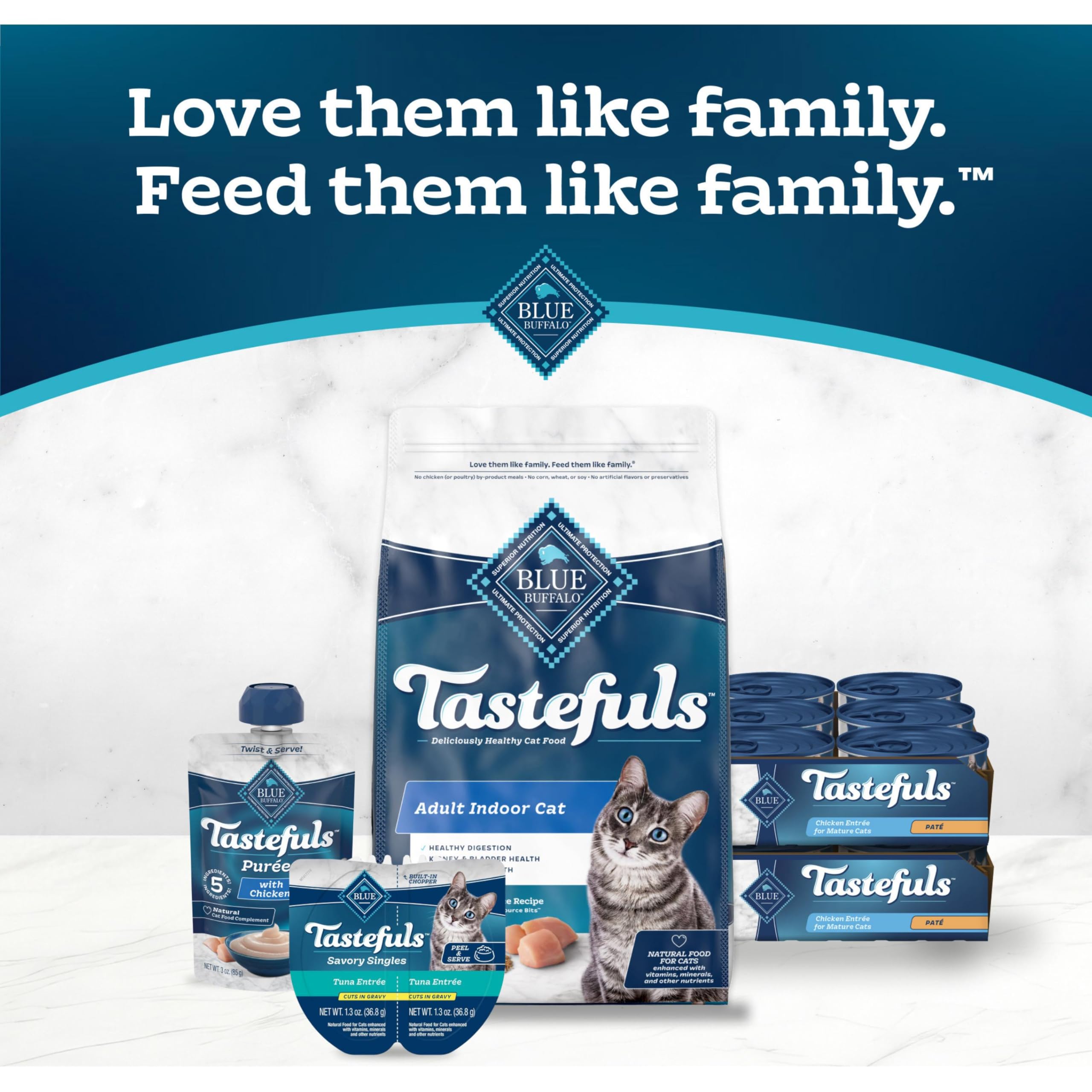 Blue Buffalo Tastefuls premium cat meal visual highlights wholesome ingredients and quality.