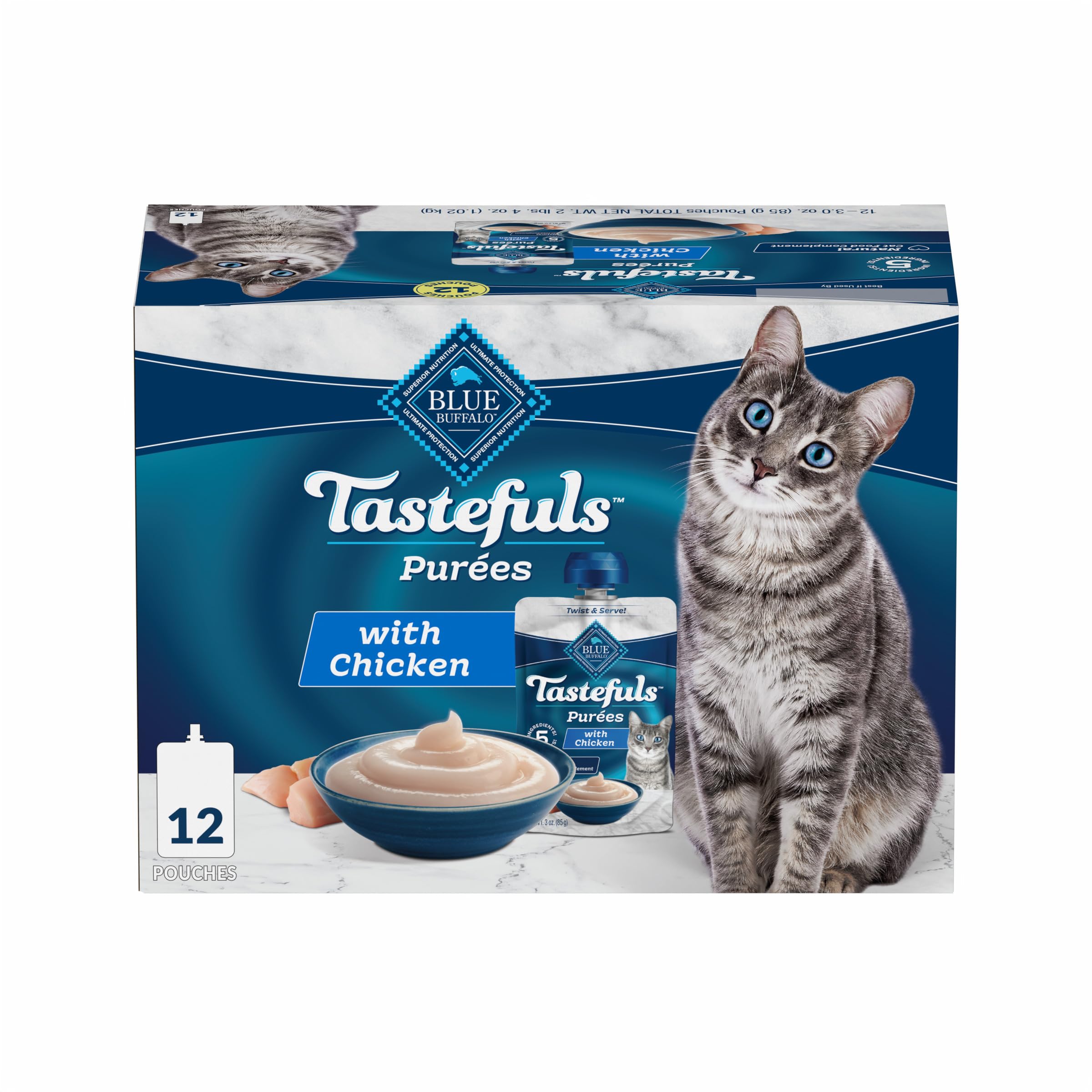 Blue Buffalo Tastefuls Purees pouch featuring real chicken, convenient for quick treats.