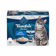 Blue Buffalo Tastefuls Purees pouch featuring real chicken, convenient for quick treats.